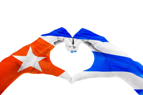 Close Unknown Hands Painted Cuba Flag While Making Heart Symbol — Stock Photo, Image