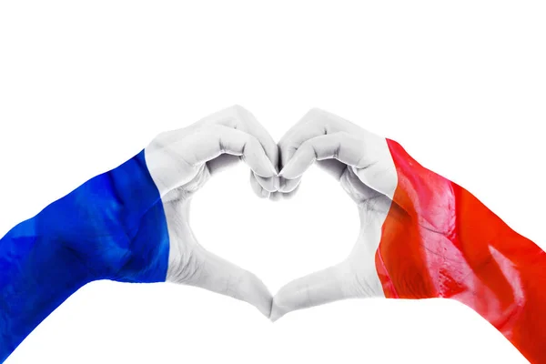 Close Unknown Hands Making Heart Symbol Patterned France Flag Studio — 스톡 사진