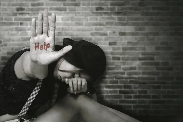 Close Sad Teenage Girl Showing Help Word Her Palm While — Stock Photo, Image