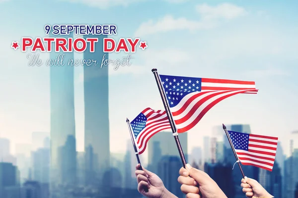 Close Three Hands Holding America Flag Patriot Day Text Remembrance — Φωτογραφία Αρχείου