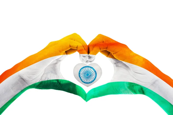Zbliżenie Nieznanych Rąk Człowieka Tworzących Symbol Serca Indyjską Flagą Studio — Zdjęcie stockowe