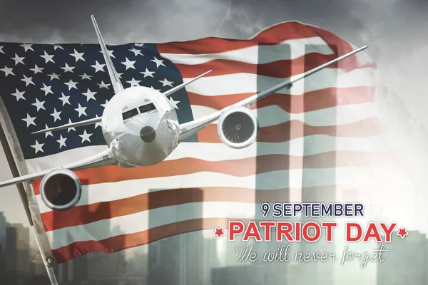 Double Exposure Airplane Flying American Flag Patriot Day Text Remembrance — Φωτογραφία Αρχείου