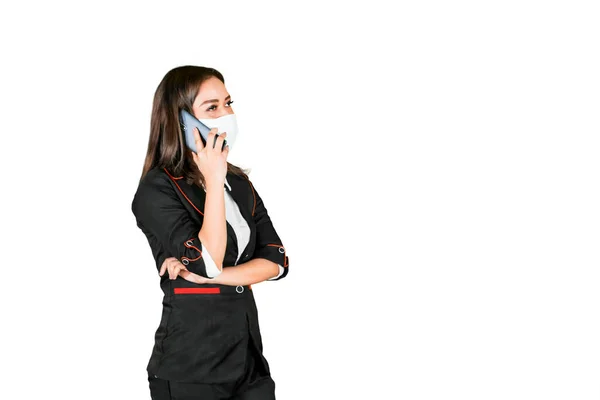 Young Businesswoman Wearing Face Mask Making Phone Call While Standing — Stock Fotó
