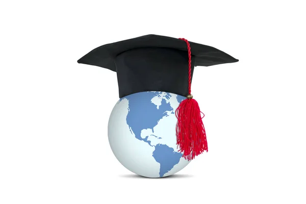 Close Earth Planet Wearing Graduation Hat Isolated White Background — Fotografia de Stock