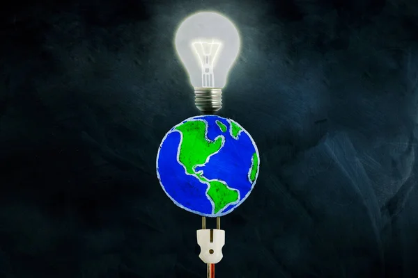 Top View Drawn Earth Planet Electric Plugs Bright Bulb Chalkboard — Stok fotoğraf