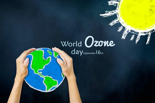 Close Unknown Hands Holding Earth Planet World Ozone Day Text — Fotografia de Stock