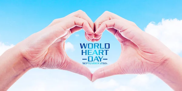 Unknown Hands Making Heart Symbol World Heart Day Text Blue — Stock Fotó