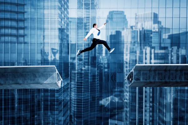 Side View Male Entrepreneur Jumping Bridge Gap Office Window Building — Foto Stock