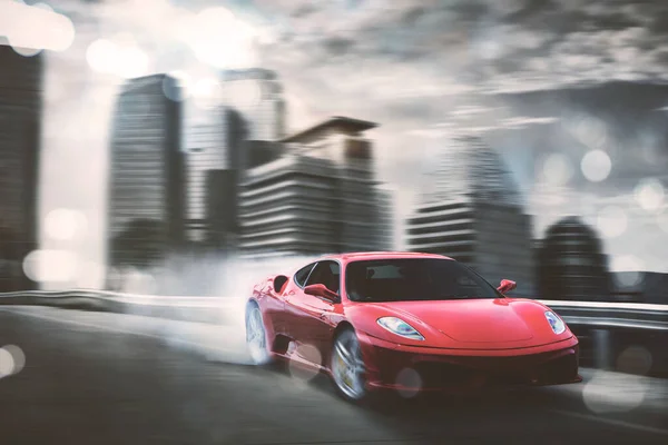 Picture Red Sports Car Speeding Highway Motion Blur Cityscape Background — Stock Photo, Image