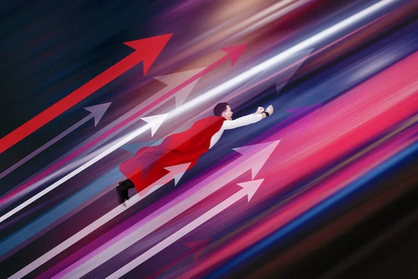 Caucasian Businessman Wearing Red Cape While Flying Upward Arrows — Foto Stock