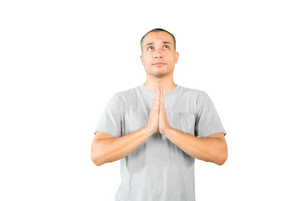 Close Caucasian Young Man Exercising Yoga Clasped Hands While Sitting — Fotografia de Stock