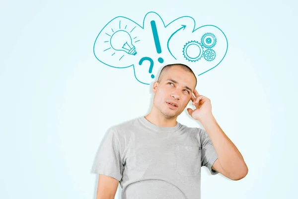 Picture Caucasian Young Man Thinking Idea While Looking Doodles His — Stockfoto