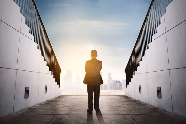 Back View Male Manager Standing Confident Gesture Building Rooftop While — Stok fotoğraf