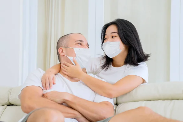 Romantic Young Couple Enjoying Leisure Time Together Couch While Wearing — Photo