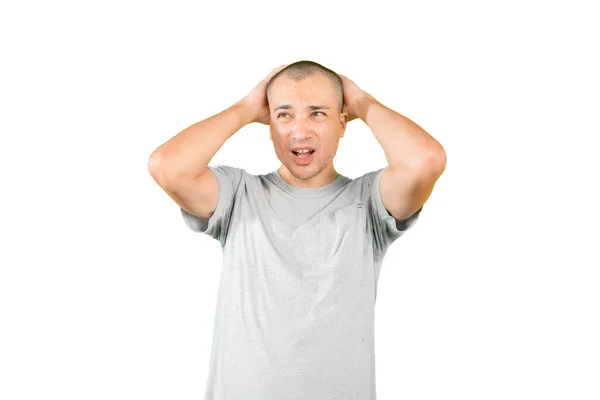 Frustrated Man Scratching His Head Standing Studio Isolated White Background — Stockfoto