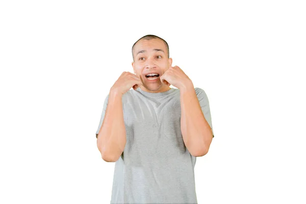 Picture Young Man Looks Funny While Expressing Shocked Face Studio — Fotografia de Stock