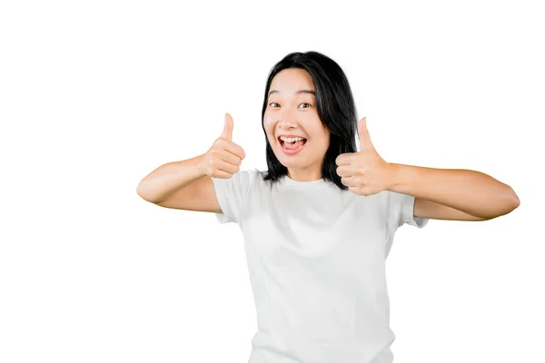 Picture Happy Young Woman Smiling Camera While Showing Thumbs Standing — Foto Stock