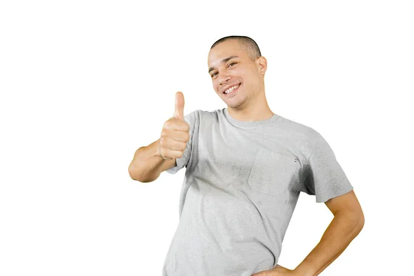 Picture Caucasian Man Smiling Camera While Showing Thumb Standing Studio — Stock Photo, Image