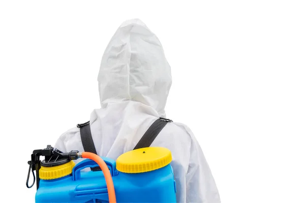Rear View Young Man Wearing Hazmat Suit While Carrying Disinfectant — Φωτογραφία Αρχείου