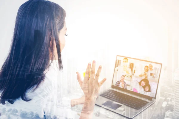 Young Woman Doing Video Call Her Family Laptop While Doing — Stock Photo, Image