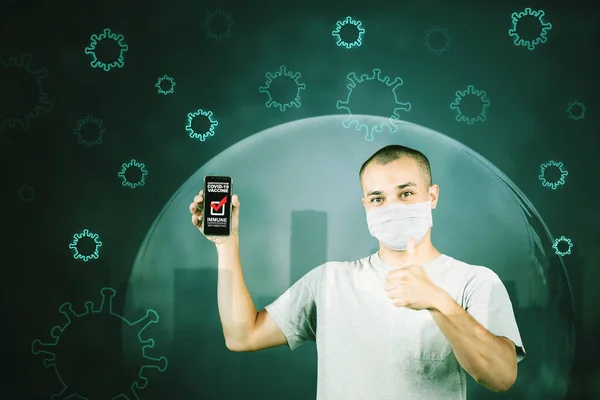 Young Man Wearing Face Mask While Showing Thumb Certification Covid — Zdjęcie stockowe