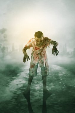 Gece yarısı yerden kalktıktan sonra sisli mezarlıkta yürüyen kanlı erkek hayalet. Cadılar Bayramı korkusu kavramı