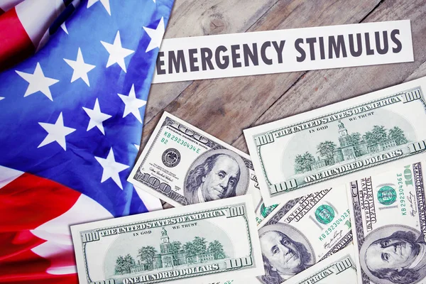 Close American Flag Banknotes Emergency Stimulus Text Wooden Table — Stock Photo, Image