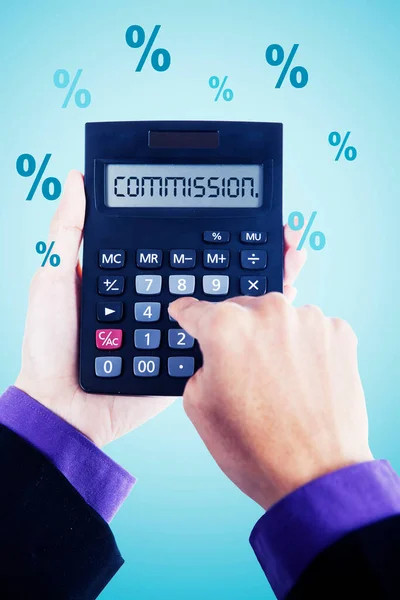 Commission Concept Businessman Hands Using Calculator Commission Word Percentage Symbol — Stock Photo, Image