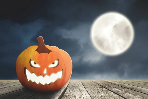 Halloween Skräckbegreppet Bild Läskig Pumpa Träbordet Vid Dimmig Natt Med — Stockfoto