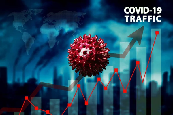 Image of growing covid-19 infected cases graph with pollution city background