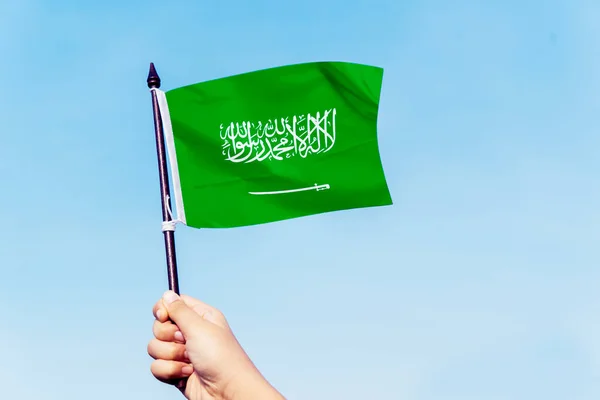 Close Little Girl Hands Waving Saudi Arabia Flag Blue Sky — Stock Photo, Image