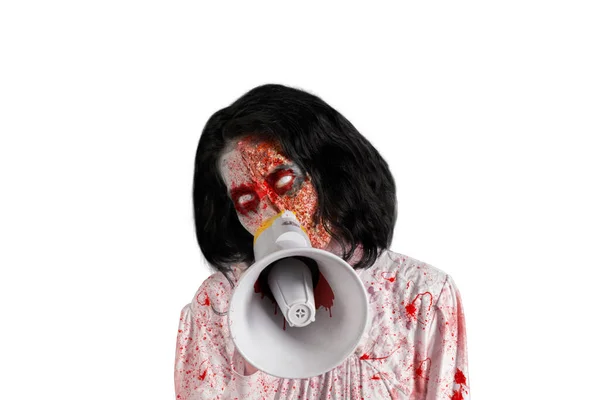 Koncepcja Horroru Halloween Straszny Duch Kobiety Pomocą Megafonu Mówienia Izolowany — Zdjęcie stockowe