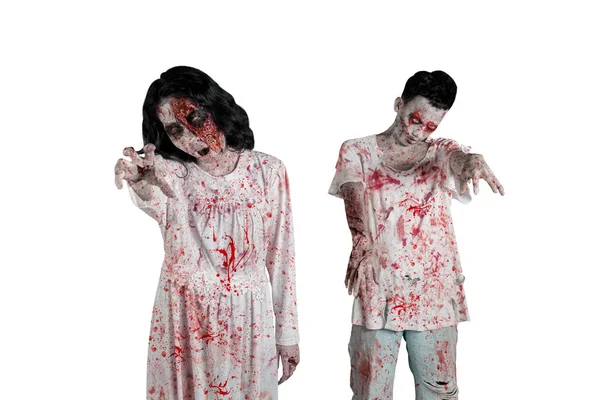 Concepto Horror Halloween Dos Fantasmas Espeluznantes Posando Gesto Ataque Estudio — Foto de Stock