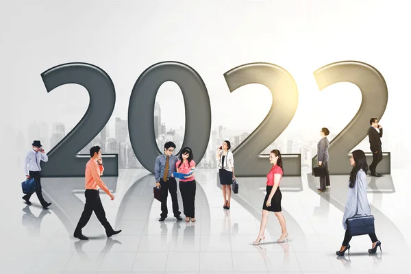 Crowded Busy Business People Working Walking 2022 Numbers Modern City — Stock Photo, Image