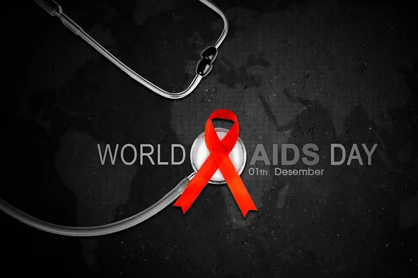 Close Fita Vermelha Estetoscópio Com Texto Dia Mundial Aids Fundo — Fotografia de Stock