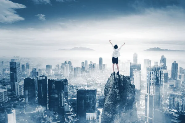 Back View Businesswoman Expressing Success Raising Hands While Standing Cliff — Stock Photo, Image