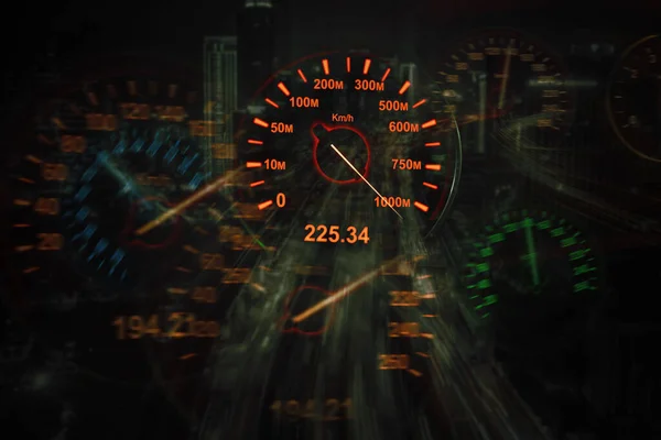 Διπλή Έκθεση Του Αυτοκινήτου Ταχύμετρο Επιτάχυνση Γρήγορα Φόντο Νύχτα Της — Φωτογραφία Αρχείου