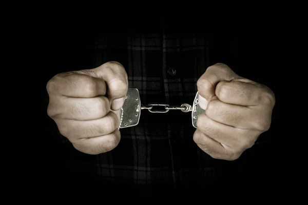 Hands Unknown Prisoner Handcuffs While Standing Dark Room — Stock Photo, Image