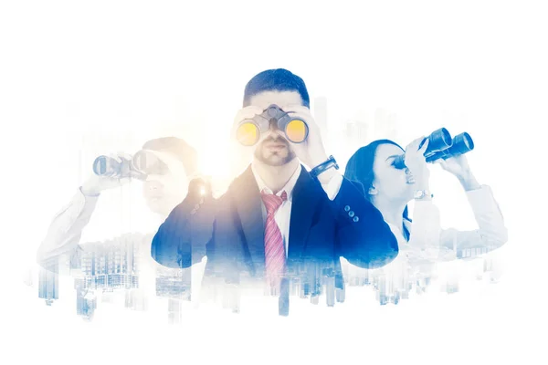 Double Exposure Three Business People Using Binoculars While Standing Modern — Stock Photo, Image