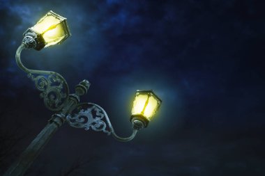 Cadılar Bayramı korku konsepti. Parkın arka planında gece gökyüzü olan eski sokak lambasının alçak açılı görüntüsü