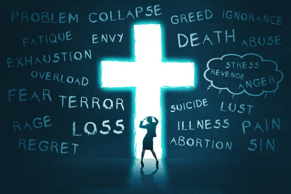 Silhouette Depressed Young Woman Standing Front Bright Cross Symbol Problem — Stock Photo, Image