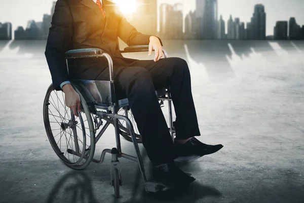 Close Disabled Businessman Sitting Wheelchair Bright Cityscape Background — Stock Photo, Image