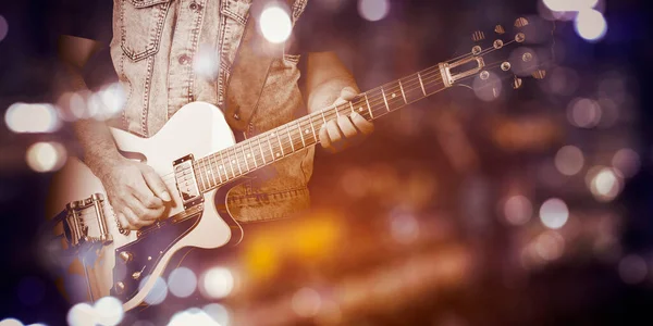 Double Exposure Young Man Playing Electric Guitar While Standing Blurred — Stock Photo, Image