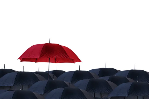 Concepto Pensar Diferente Paraguas Rojo Destacan Entre Multitud Sombrillas Negras — Foto de Stock