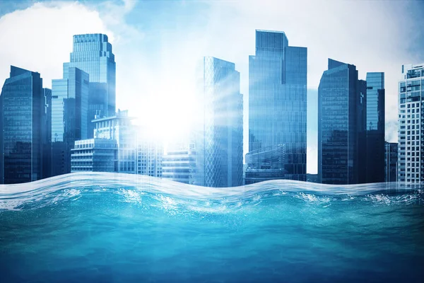 Image Submerged Modern City Caused Incessant Rains Sunlight Background — Stock Photo, Image
