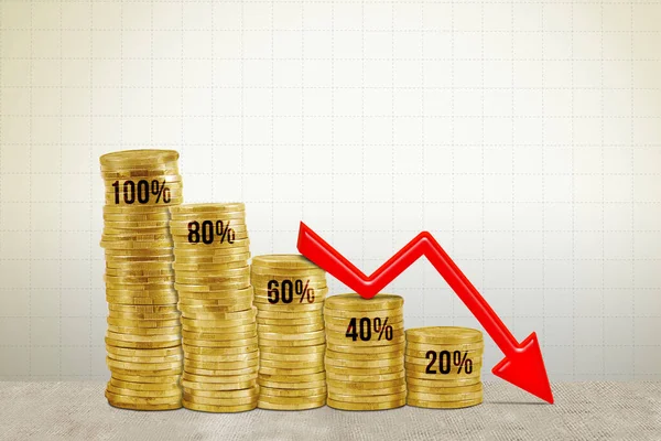 Imagen Flecha Moneda Oro Mostrando Gráfico Disminución Porcentual Aislado Sobre — Foto de Stock