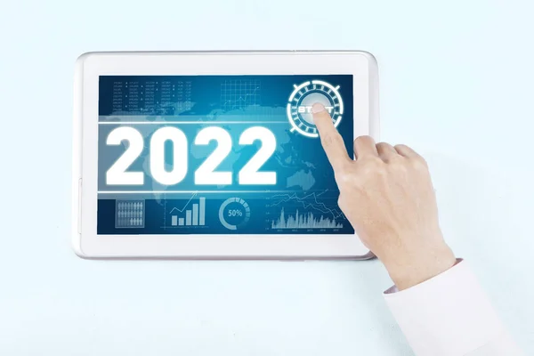 Close Businessman Hand Touching Start Button 2022 Numbers Digital Tablet — Stock Photo, Image