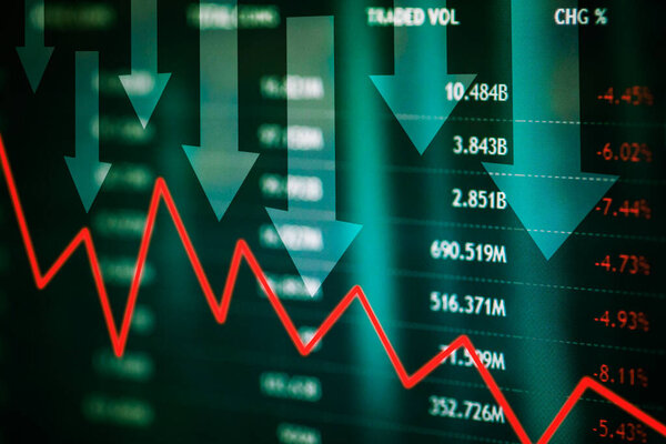Close up of declining finance diagram with world exchange rate in virtual screen background