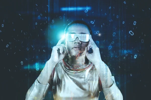Bild Einer Roboterin Mit Futuristischer Brille Cyberspace Mit Binärem Code — Stockfoto