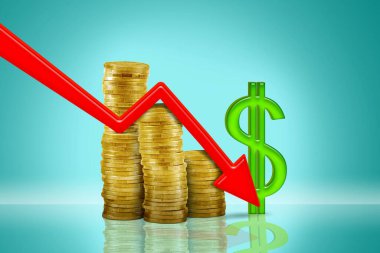 Stüdyoda arkaplanda altın para ve dolar sembolü olan azalan bir ok resmi